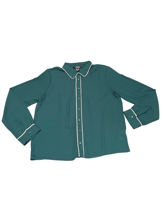 Forever 21 Size XL Teal Sheer Button Up Blouse Contrast Trim Officecore Workwear - Picture 10 of 10